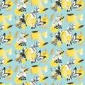 Seamless pattern with toucans and butterflies on the blue background